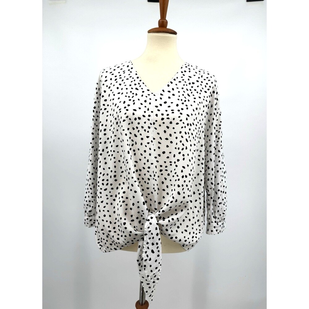 BeachLunchLounge Polka Dot Blouse V Neck Boho Tie Front Flowy Casual Chic Top L